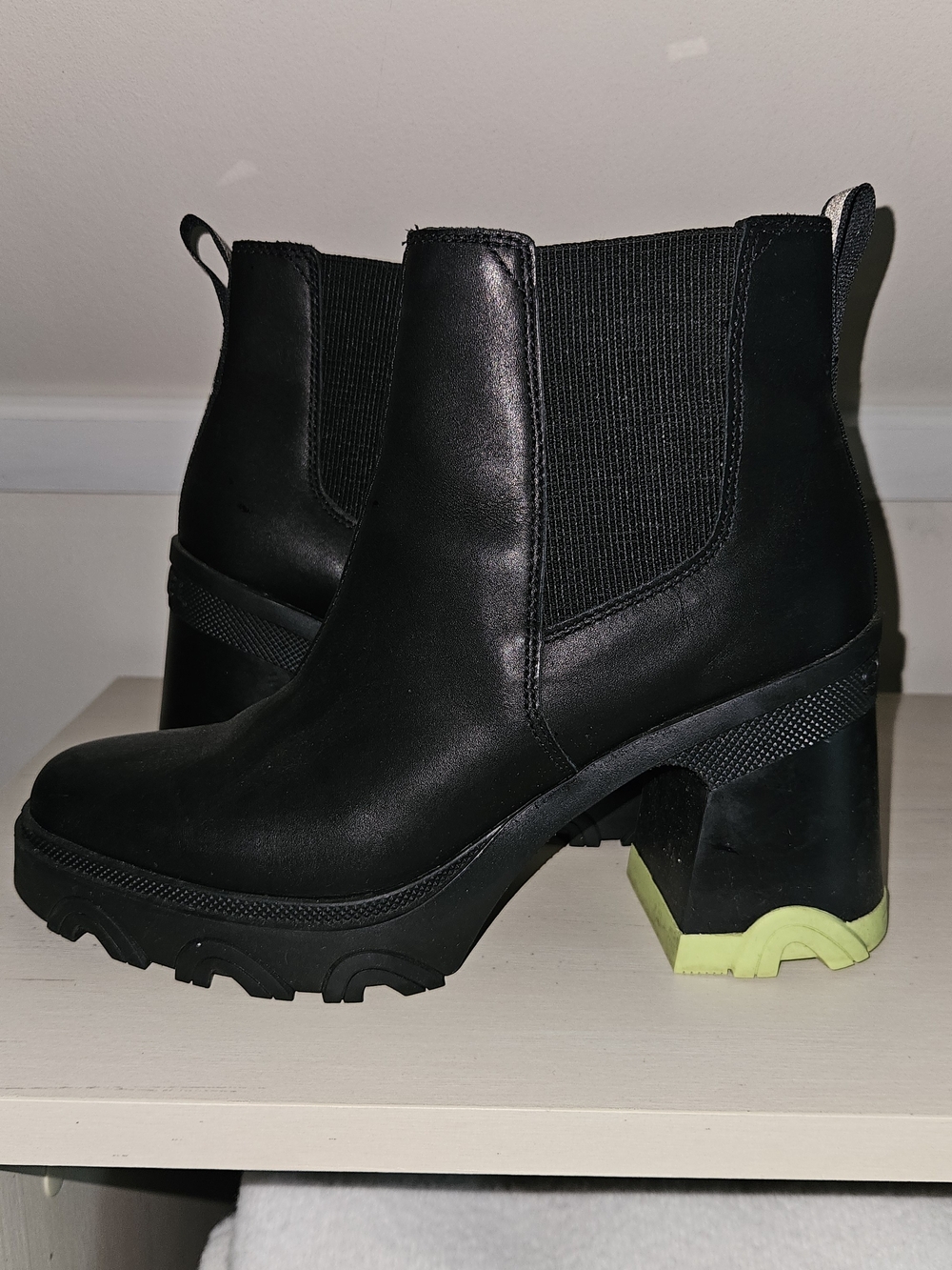 Sorel Black Chelsea Lug Heel Boot with Neon Lime Accent